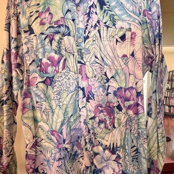 Soda Purple and Green Casual Button Down Shirt with Artistic Floral Design - Picture 2 of 5